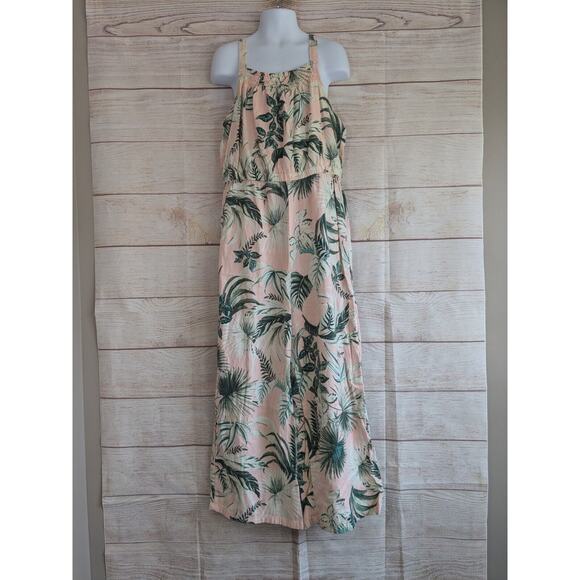 Old Navy Girls Linen Jumpsuit Pink Ferns Sleeveless One Piece Size 10-12 L - Picture 1 of 9